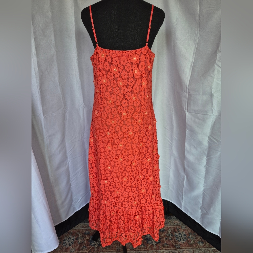 Michael Kors 3D Floral Maxi Dress Size Large Coral Orange Lined V Neck Fairy - Picture 11 of 16
